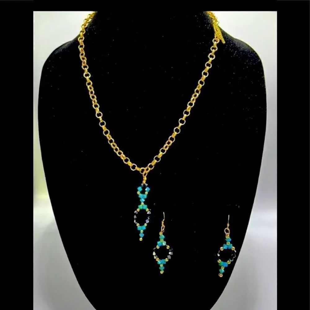 Swarovski Turquoise, Gold & Black Bead Earrings & Pendant w/ Gold-Tone Necklace
